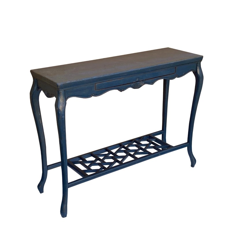 Chinese Distressed Blue Lacquer Apron Curve Legs Console Side Altar Table cs7760 gallery