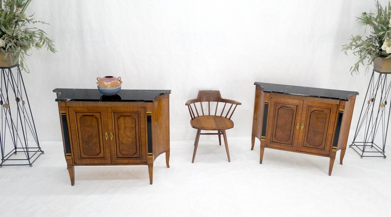 Pair Regency Style Burl Walnut Scallop Banding Black Marble Top Cabinet Credenza gallery