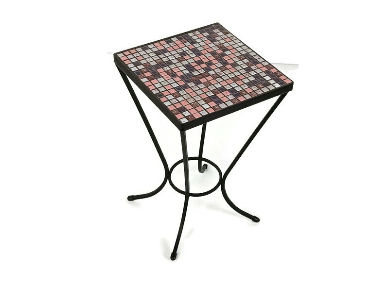 Small vintage side occasional table wrought iron, mosaic ceramic tiles funky