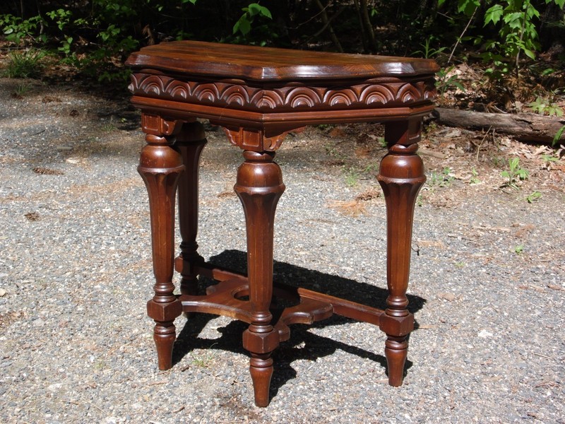 Vintage Jacobean Spanish Revival Style Solid Walnut Entry Table Demilune Table gallery