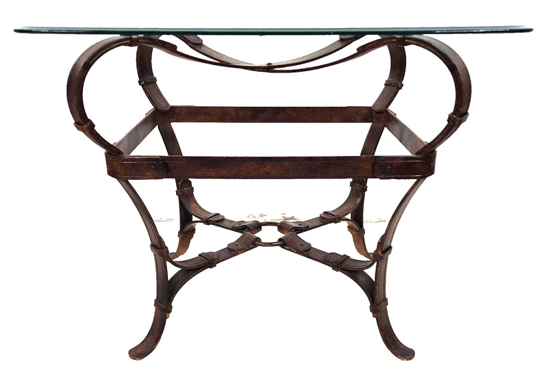 Jaques Adnet Hermes Style Side Table Trompe l'Oeil Leather Straps gallery