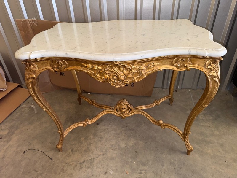 French Baroque Gilt Wood Marble Top Center Table