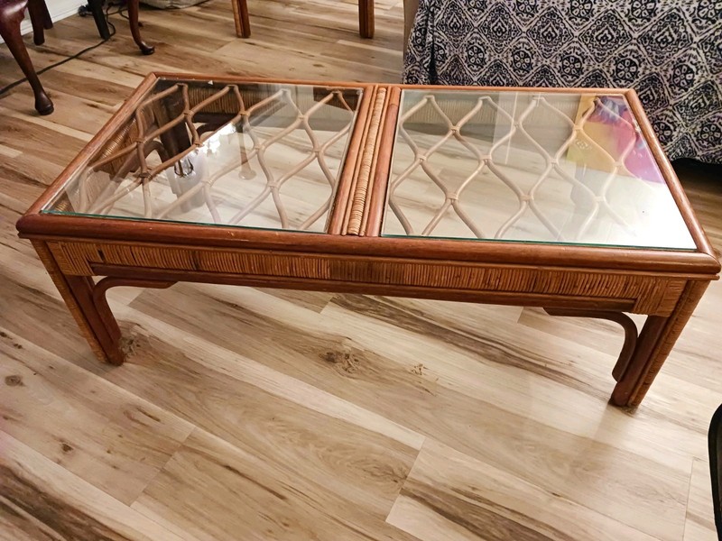 Vintage Rattan Rectagular Glass Coffee Table And Matching Side Table gallery