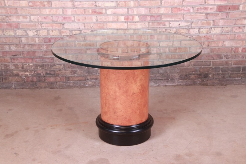 Karl Springer Style Modern Burl Wood Glass Top Pedestal Dining or Center Table