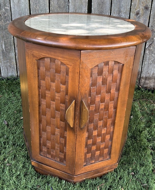 Vintage Mid Century Danish Modern Octagon Drum Side End Table Cabinet MCM Marble