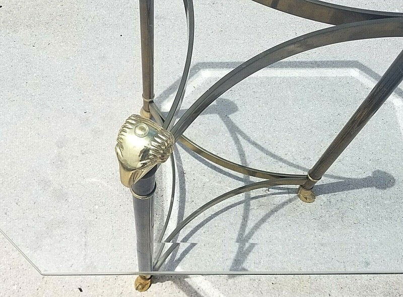 Maison Jansen Style Hollywood Regency Brass Rams Head Hoof Footed End Side Table gallery
