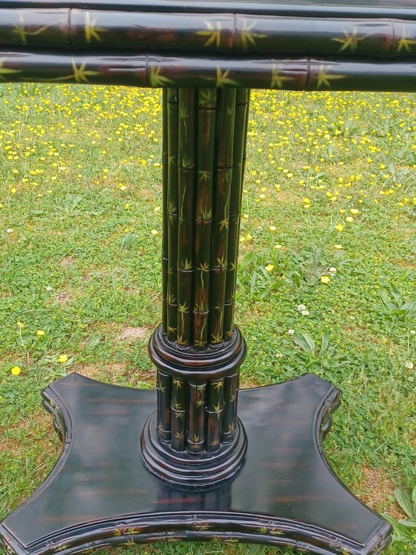 Maitland Smith Side Table Ebonized Faux Bamboo Leather Top Hand Painted Table gallery