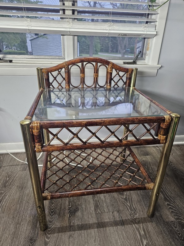 Vintage Bohemian Cane Wood Rattan Bamboo Side Table Brass Legs Glass Top W/ Back gallery