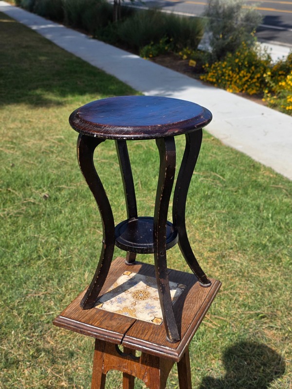 Antique Wood Plant Stand Parlor Table 16" Small Round Pedestal Slotted Screws gallery