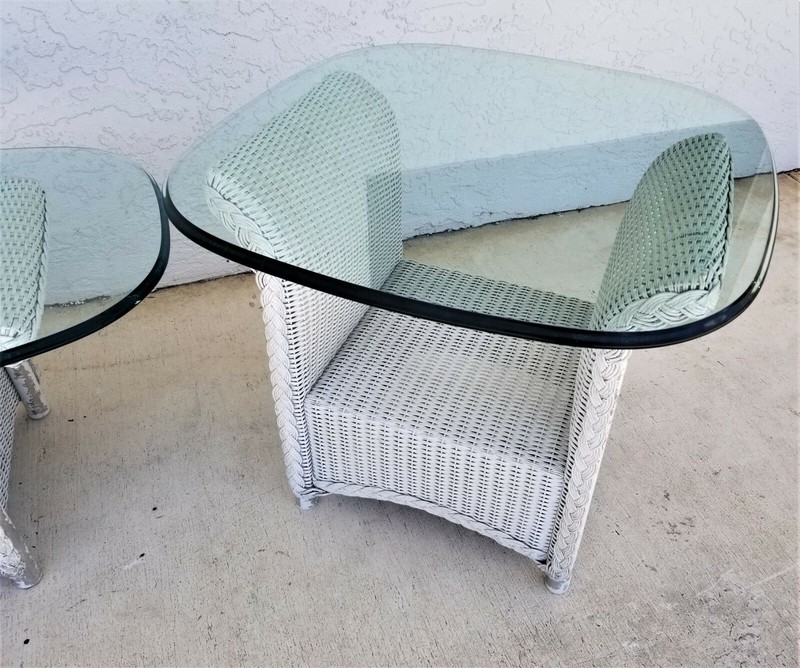 LLOYD FLANDERS Loom Wicker Side Tables w Glass Vintage Set Of 2 gallery