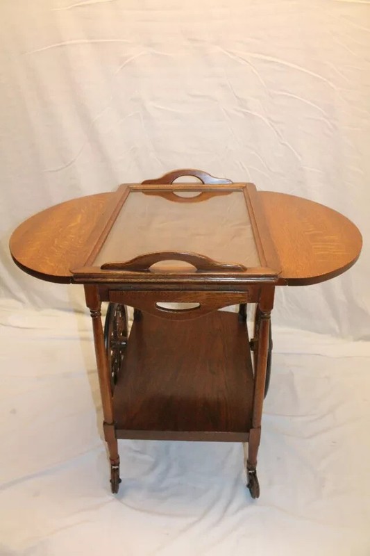 Arts & Crafts Tiger Oak Tea Cart Serving Table, Drop Leaf with Glass Tray gallery