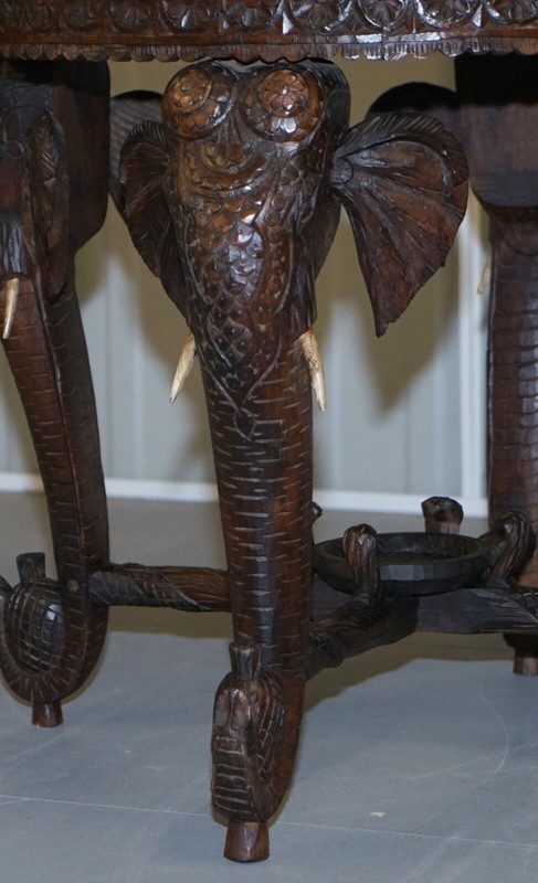 BURMESE HAND CARVED ELEPHANT OCCASIONAL TABLE PIETRA DURA SPECIMEN MARBLE TOP gallery