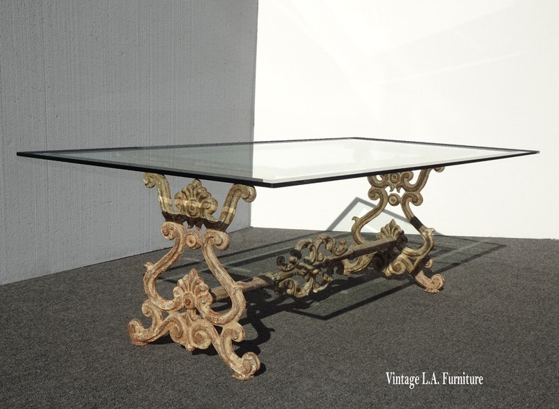Large Vintage Spanish Style Rustic Cast Iron Bevel Glass Cocktail Coffee Table gallery