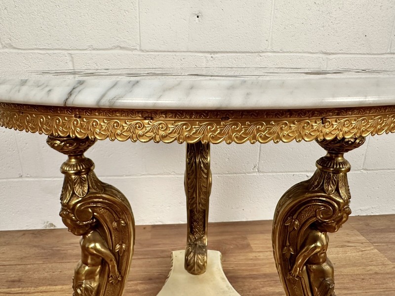 Italian Hollywood Regency Marble Top Side Table /w Brass Accents gallery