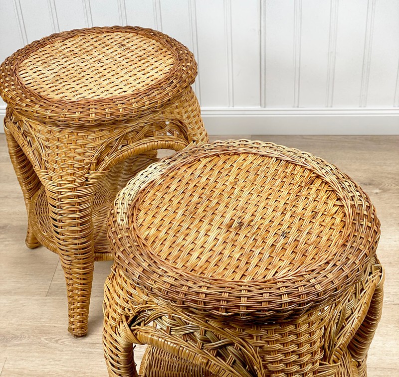 Vintage Coastal Boho Natural Wicker Round Plant Stand End Tables - A Pair gallery