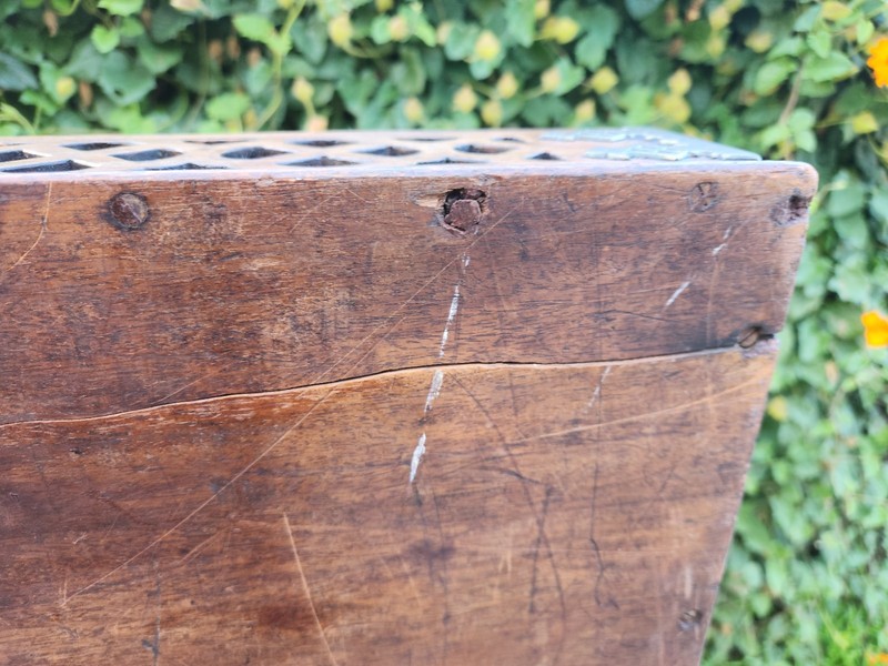 Vintage Wooden Butler Tray Table Folding Stand Pierced Gallery Brass Corners gallery