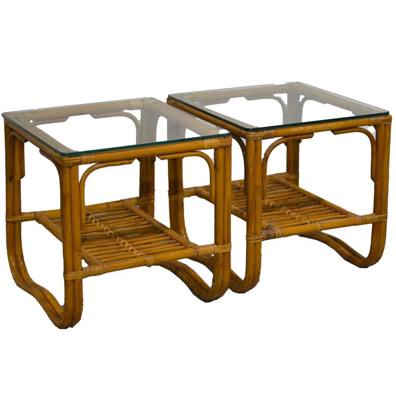 Vintage Palm Beach 2 Strand Rattan Bamboo Side Tables Style of Franco Albini – S