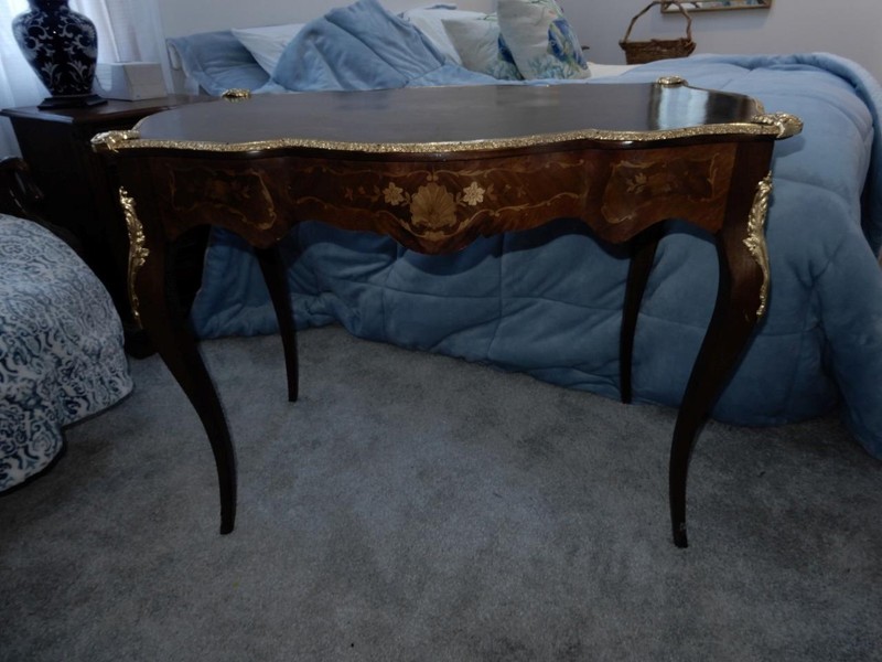 Antique French inlaid console table desk with drawer ormolu gilt trim 40 inch gallery
