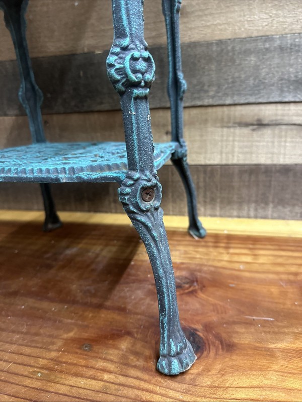 Vintage Verdigris Cast Iron 3 Tier Ornate Filigree table Renaissance Very Heavy gallery