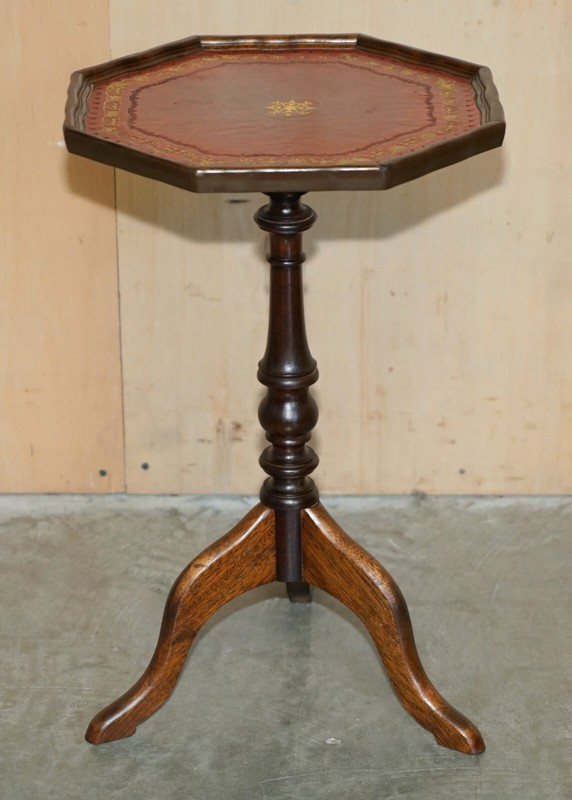 LOVELY GOLD LEAF EMBOSSED OXBLOOD LEATHER TRIPOD SIDE END LAMP WINE TABLE gallery