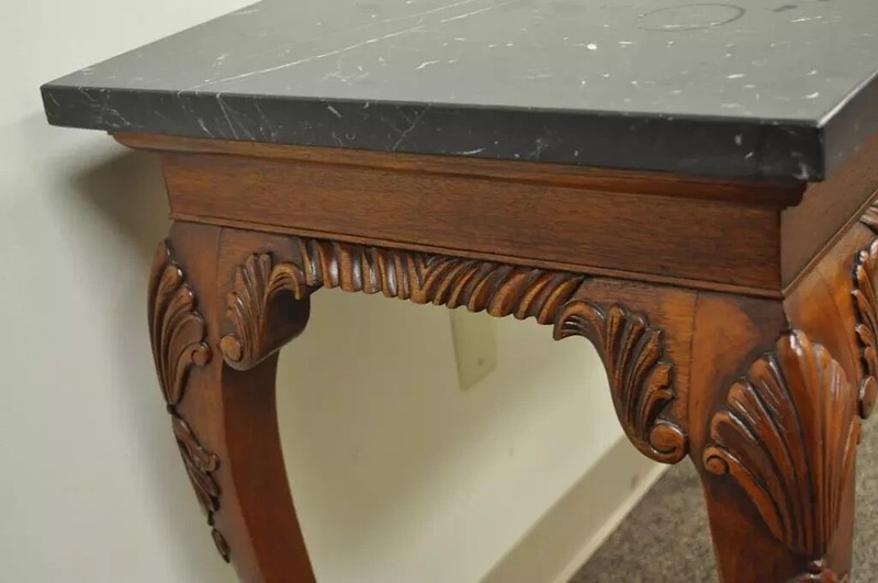 Vintage Carved Mahogany Chippendale Style Ball and Claw Marble Top Console Table gallery