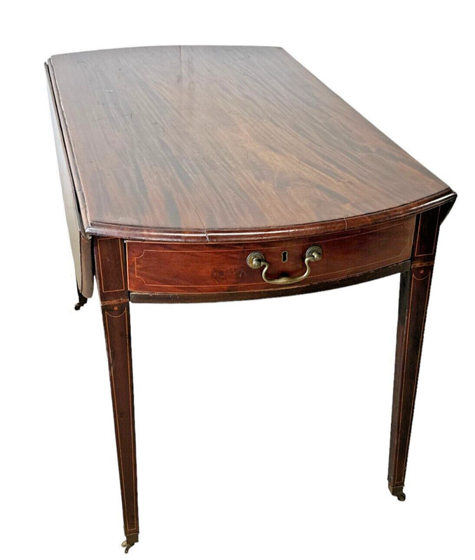 Antique drop leaf 1790 inlayed mahogany Hepplewhite brass figured top table
