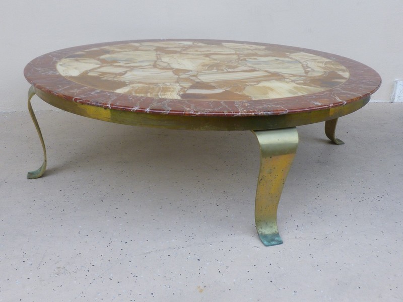 SPECTACULAR MULLER BROTHERS ONYX & ALABASTER COFFEE TABLE W CURVED BRASS LEGS