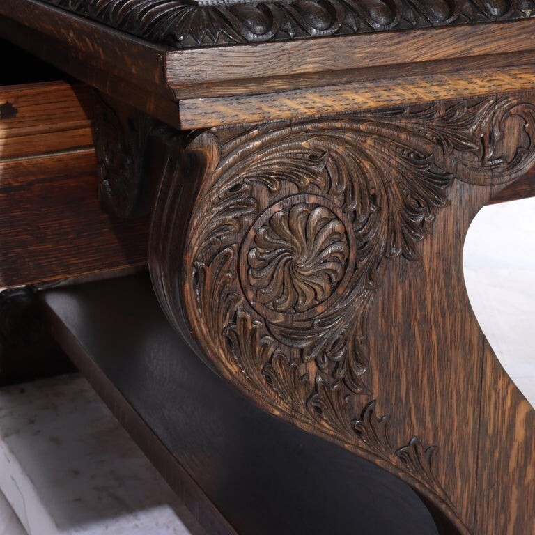 Antique Arts & Crafts Carved Oak Trestle Library Table C1910 gallery
