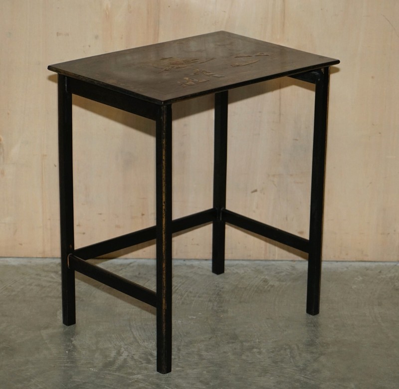 NEST OF THREE CIRCA 1900 CHINESE CHINOISERIE LACQURERED SIDE TABLES HAND PAINTED gallery