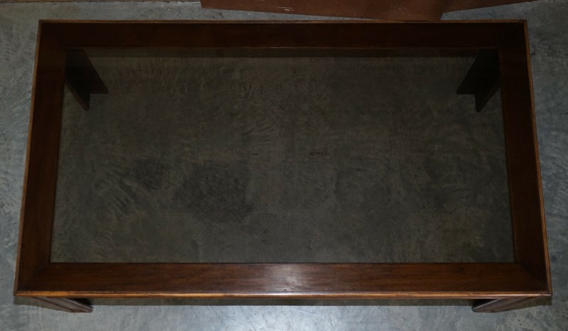 VINTAGE CHINESE CHIPPENDALE REFECTORY DINING TABLE WITH SMOKED GLASS TABLE TOP gallery