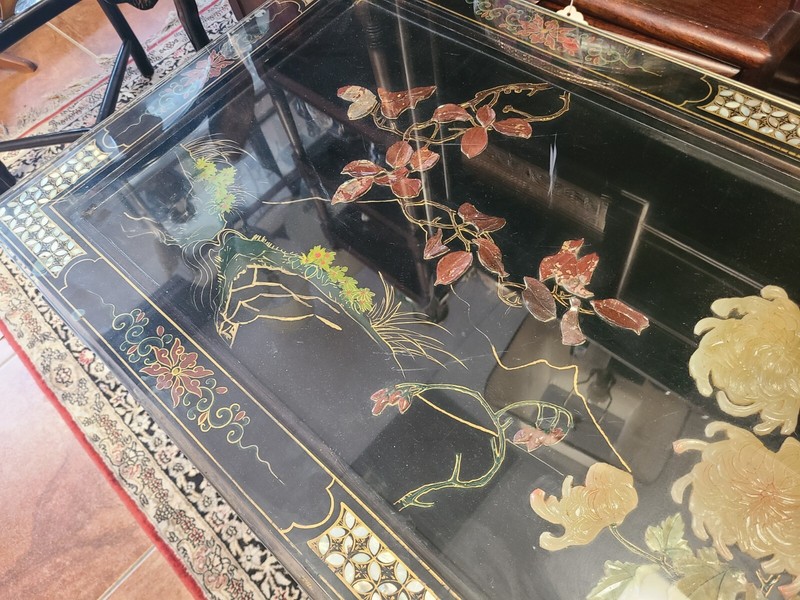 Oriental  Coffee Table, Black, Mother of Pearl, Relief Flower, Glass Top gallery