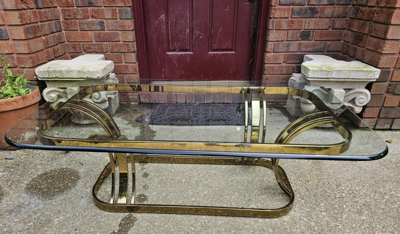 MID CENTURY ITALIAN GILT CHROME COFFEE TABLE WITH GLASS TOP MODERN BRASS PLATED