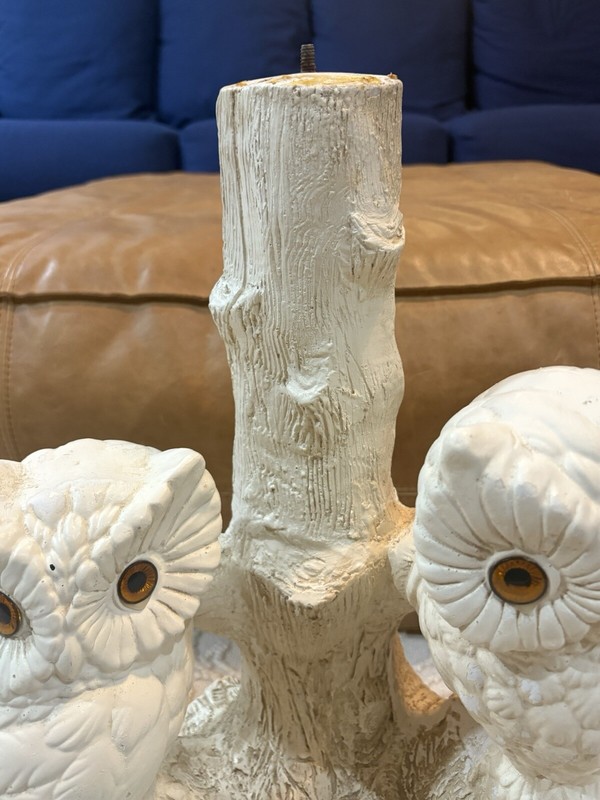Vintage Mid Century 1970's Chalkware 2 Owls on Tree Branch Side End Table Base gallery