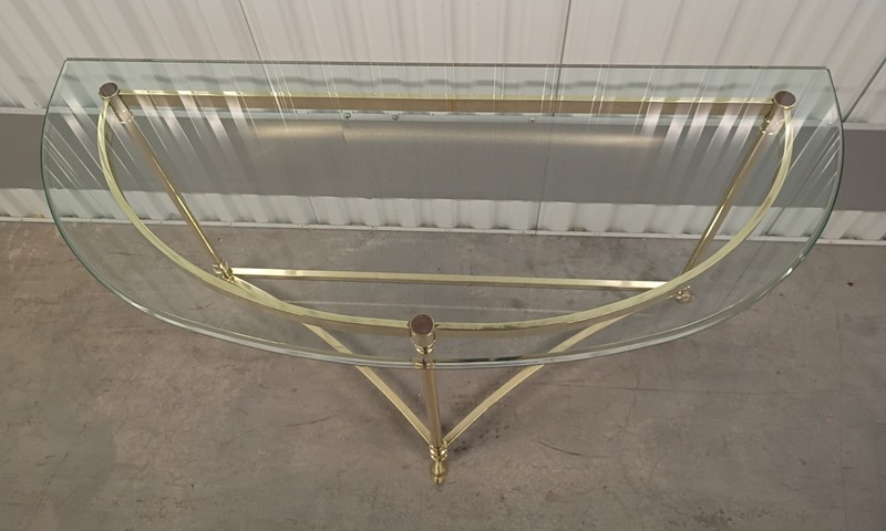 LaBarge Hollywood Regency Style Demi-Lune Brass & Glass Table w Hooved Feet gallery