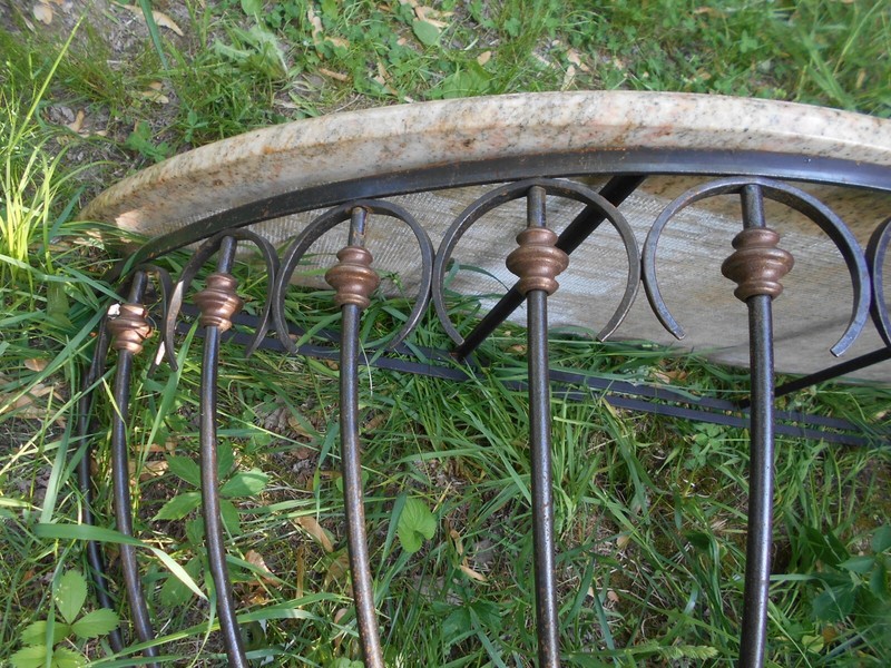 PAIR MID CENTURY WROUGHT IRON HALF ROUND MARBLE TOP CONSOLE TABLES gallery
