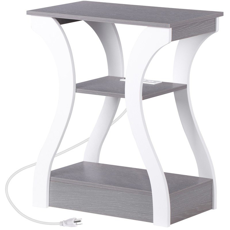 End Table Side Table 3-Tier Storage Shelf for Small Space with Outlet Grey+White