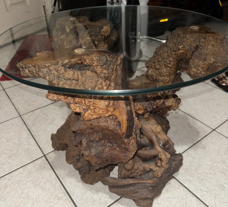 Vintage Root Natural Coffee Table With Glass On Top