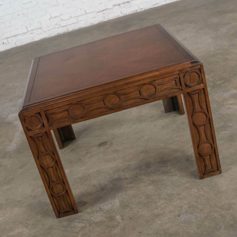 Vintage Modern Square Lane End or Side Table Carved Leg Design & Chevron Veneer gallery