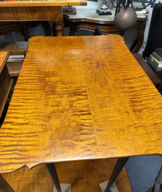 D. R. Dimes tiger maple table with crackle black base in the Queen Anne style gallery