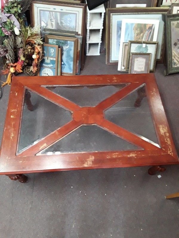 Wooden And Glass Antique Coffee Table L47 1/2 W31 1/2 H19
