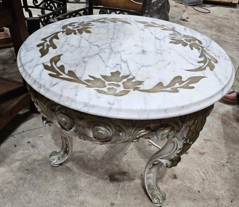 Antique Solid Marble Accent Table Hollywood Regency Inlayed Gold Leaf Design…