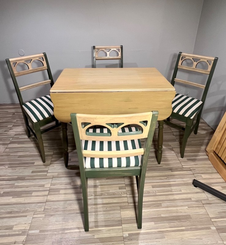 VNTG Kitchen Drop Leaf Table Hardwood/4 Bespoke Seat Chairs gallery