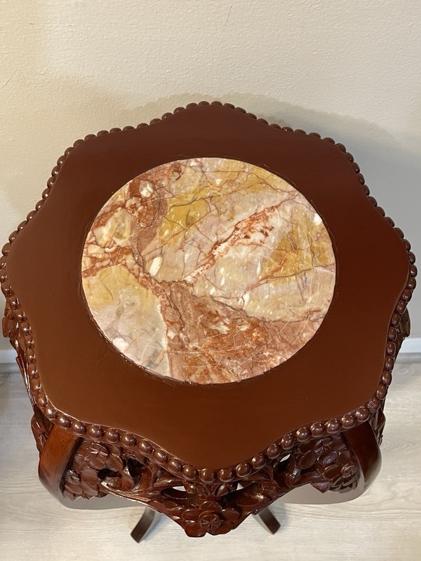 VTG Mid Century Chinoiserie Carved Wood Marble Top Plant Stand Pedestal Table gallery