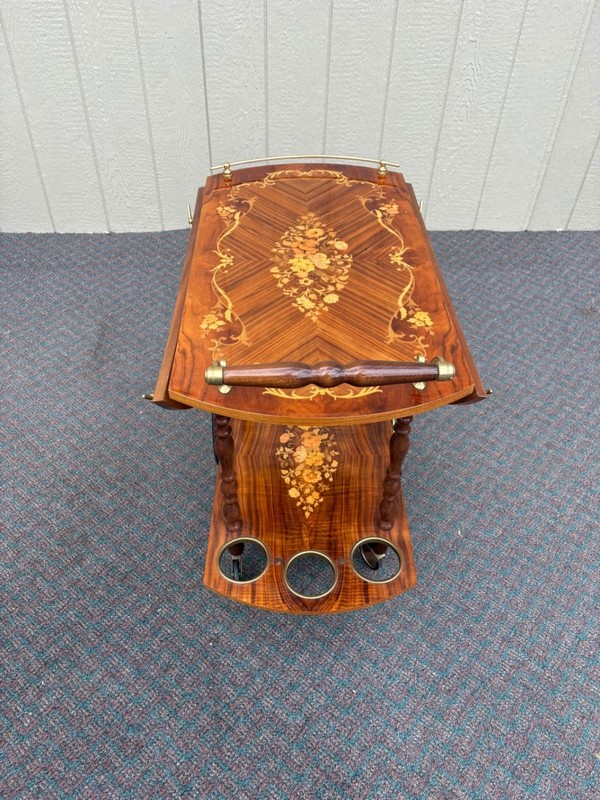 67588 Italian Inlaid Wood Tea Cart with Floral Marquetry and Brass Accents gallery