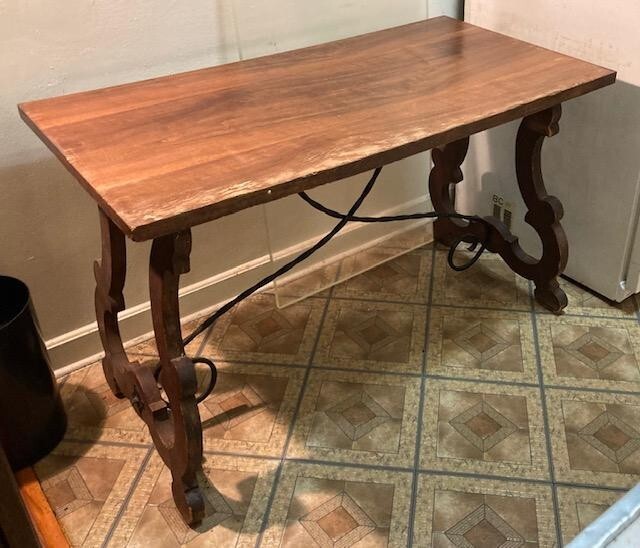 Vintage Spanish Catalan Trestle Dining Table with Lyre Legs and Iron Stretch