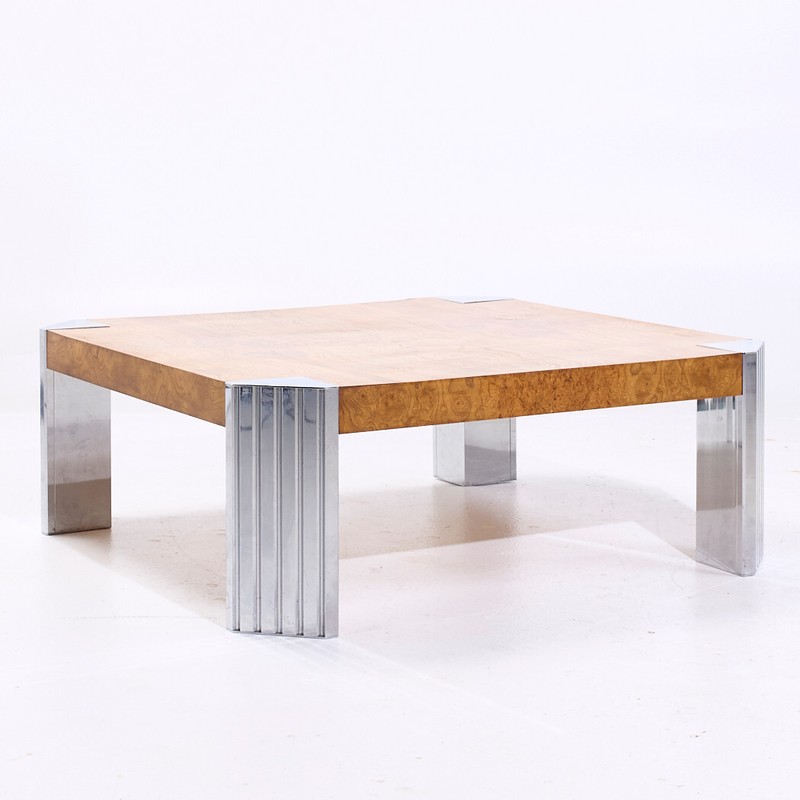 Milo Baughman Style Mid Century Burlwood and Chrome Coffee Table