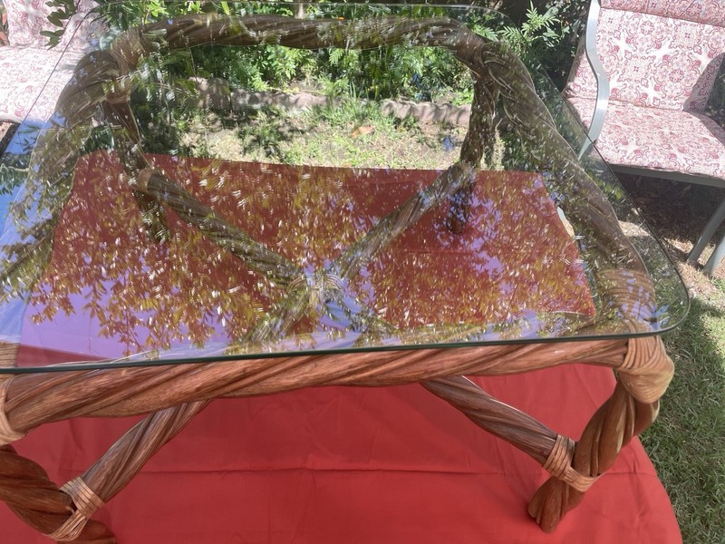 Vintage Twisted Braided Bentwood & Rattan Glass Top Coffee Table 29” X 29” X 20”