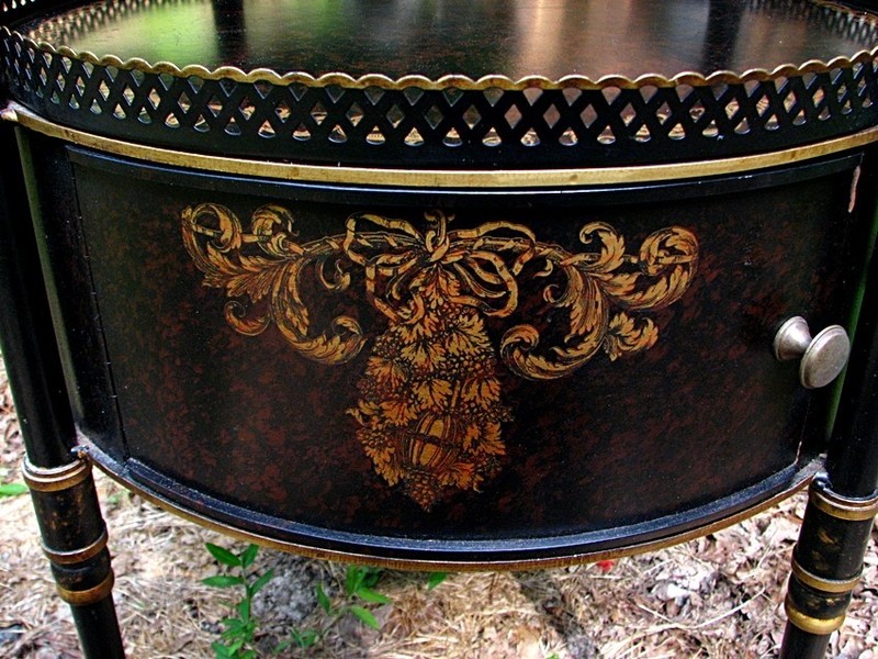 ANTIQUE TOLE BAR TABLE TRAY TOP SWAN HANDLES c.1940'S gallery