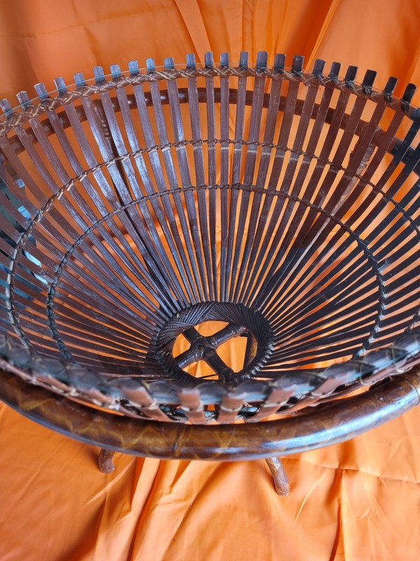 Vintage Rattan and Glass top fish Trap basket Side end Table Franco Albini style gallery