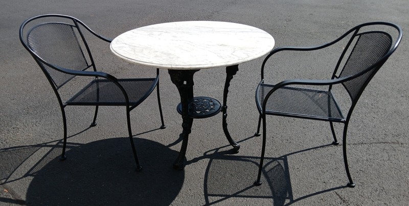 English Victorian Cast Iron Pub Table w/ Cherubs + Round Marble Top w/ 2 Chairs gallery